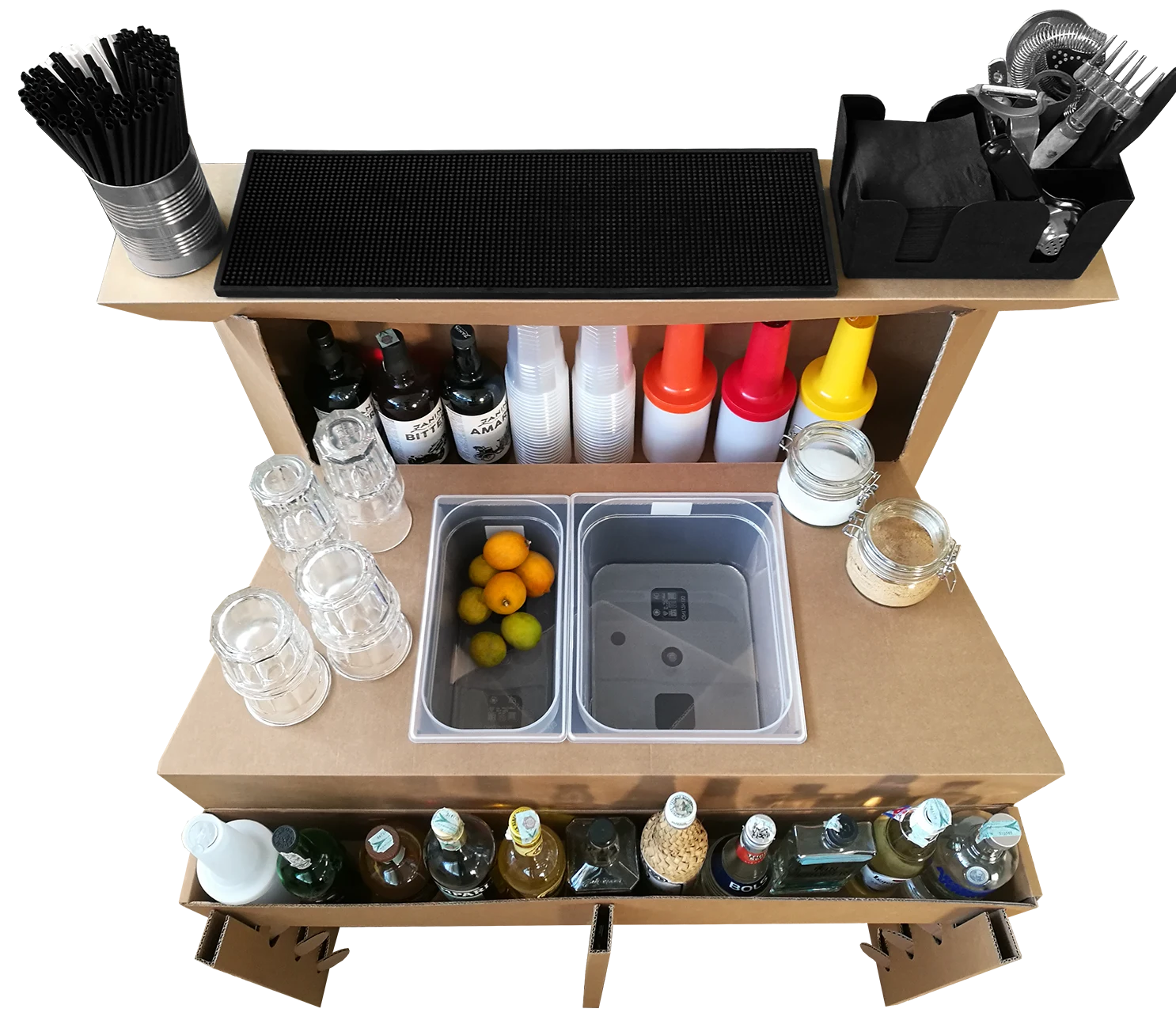 La barra Easy de cartón, montada y equipada igual