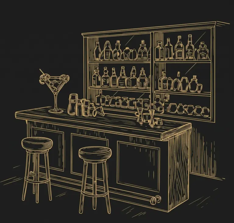 Dibujo de una barra de bar con botellero de pared y taburetes