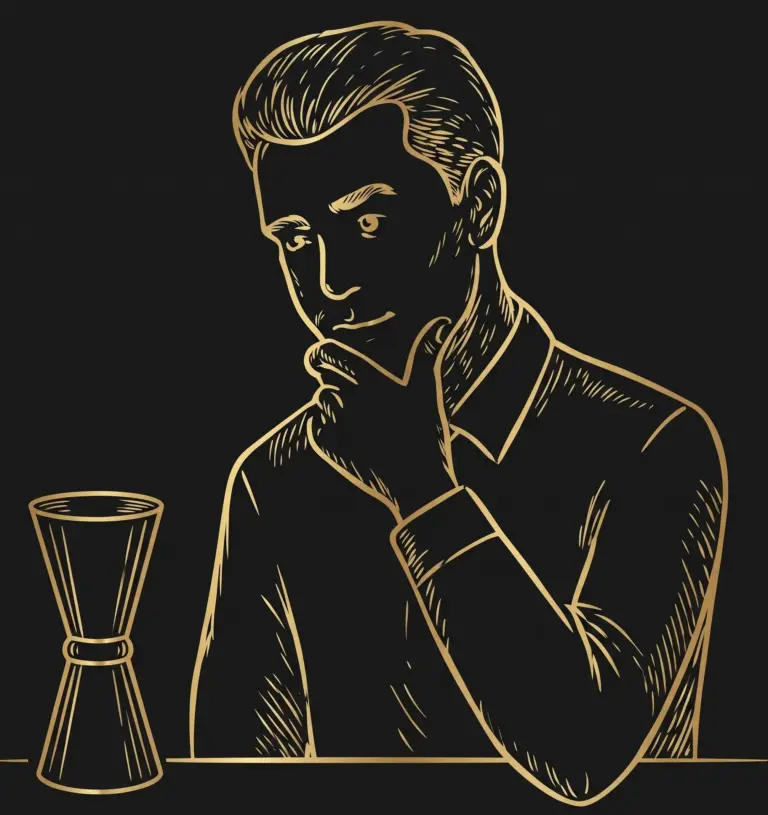 Dibujo de un bartender pensativo junto a un jigger