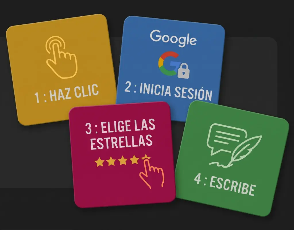 Los cuatro pasos: 1 toca, 2 inicia sesión con Google, 3 elige las estrellas, 4 escribe