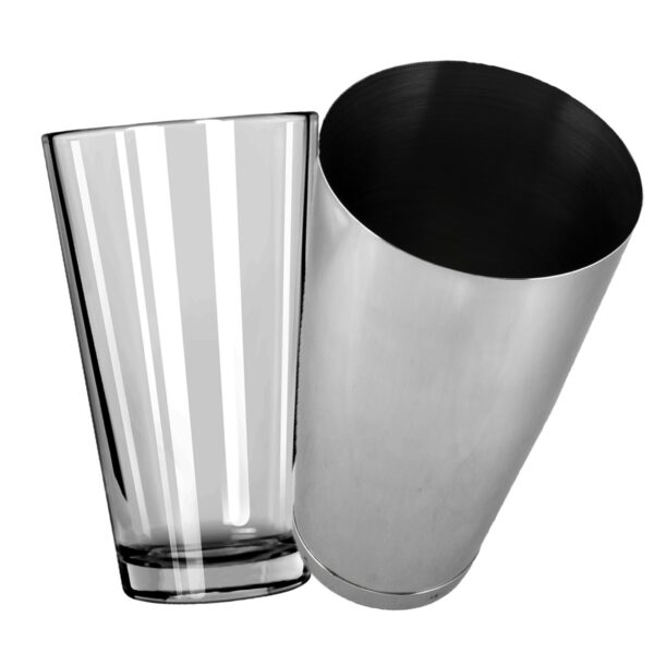 Vaso mezclador y coctelera Boston, vidrio y acero inoxidable pulido