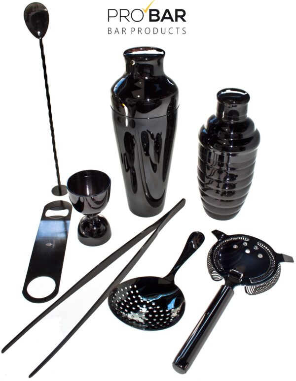 Kit de barman Lumian negro, 8 piezas de acero inoxidable chapado