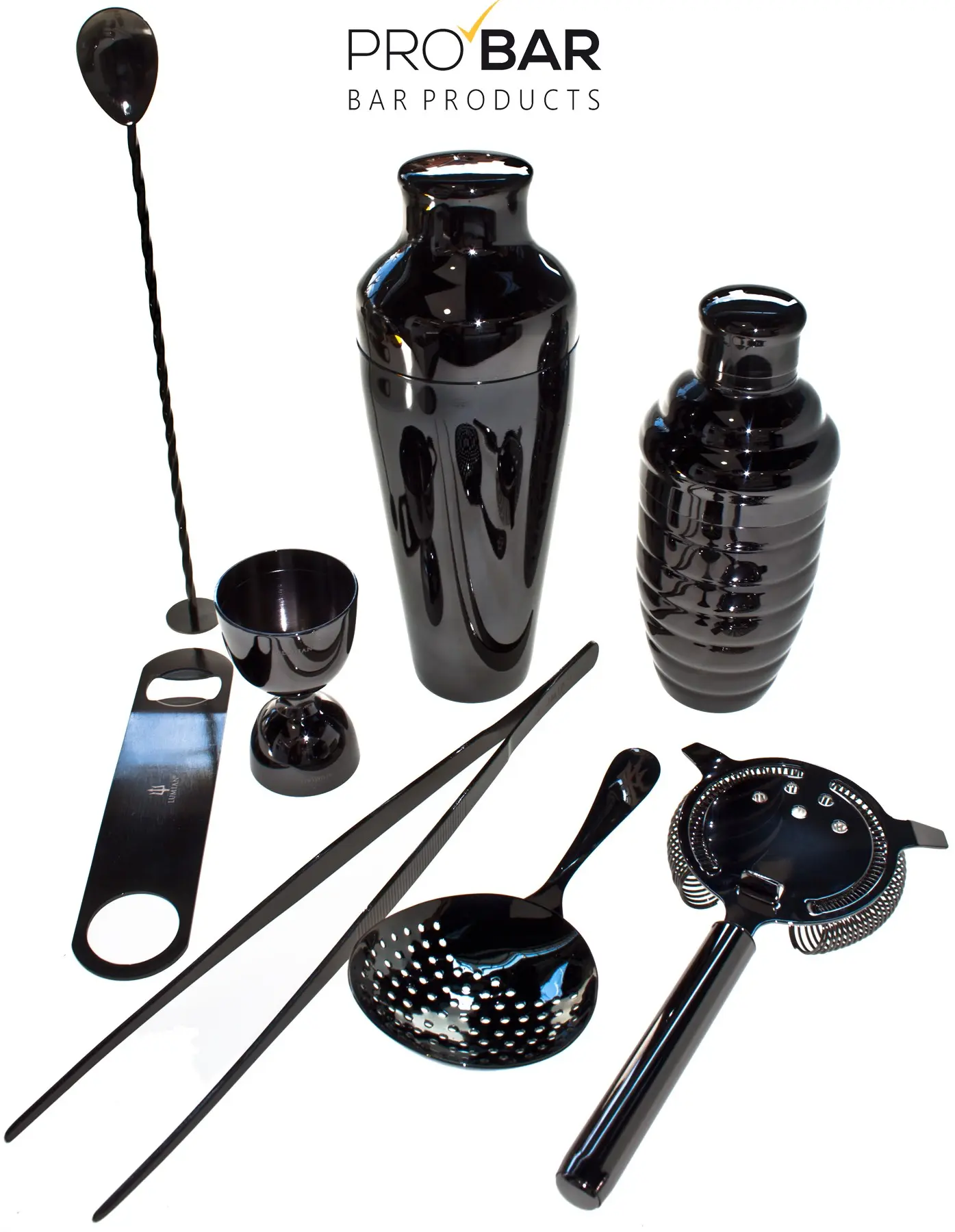 Kit de barman Lumian negro, 8 piezas de acero inoxidable chapado