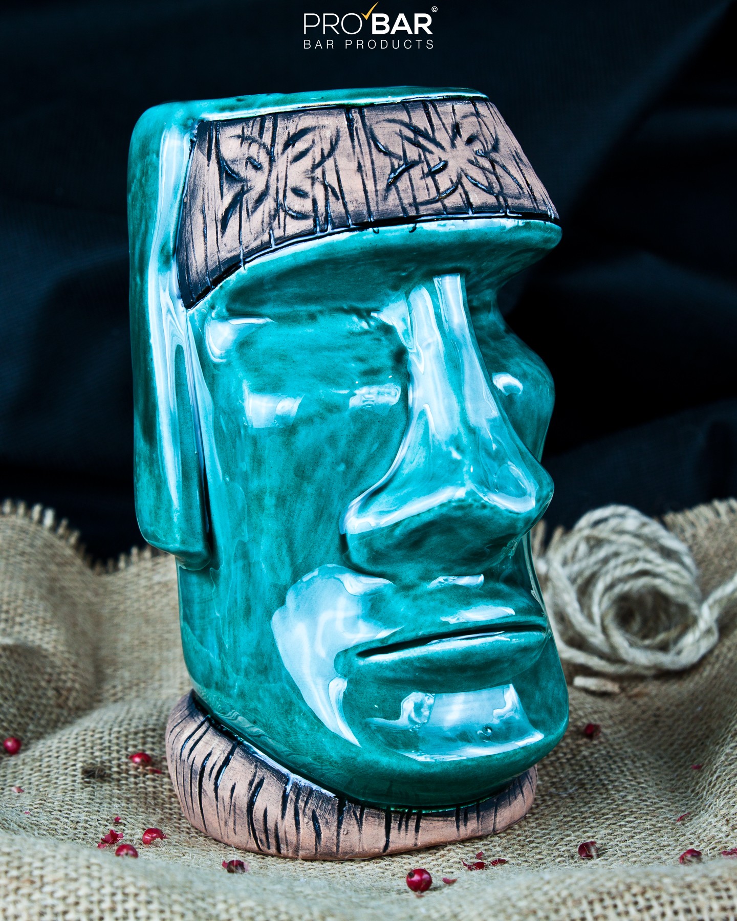 Taza tiki Moai turquesa, cerámica pintada a mano