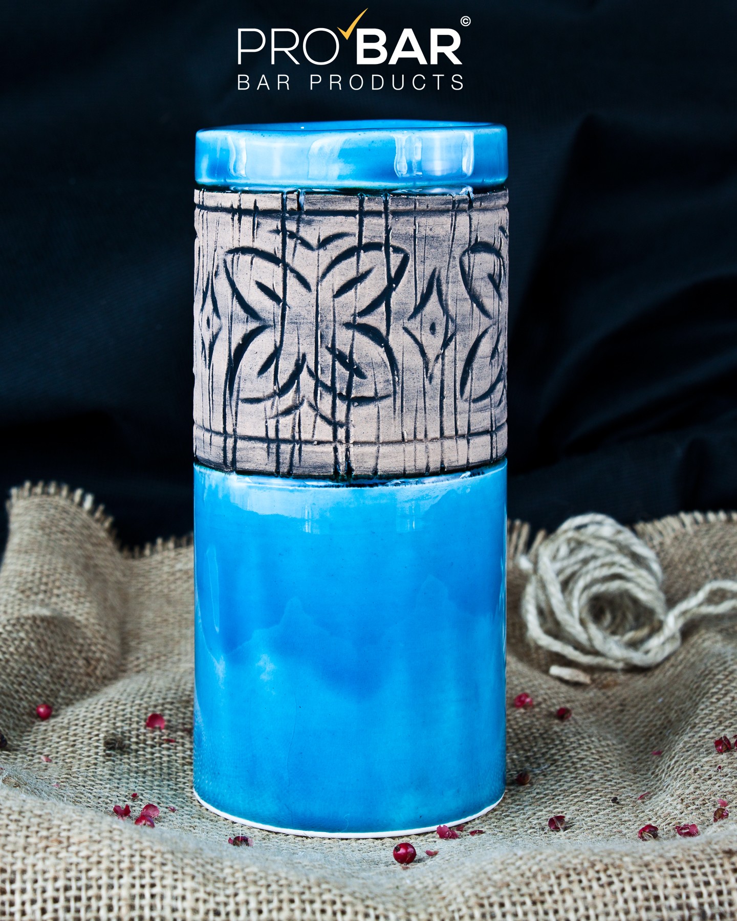 Vaso tumbler tiki azul 40 cl, cerámica pintada a mano