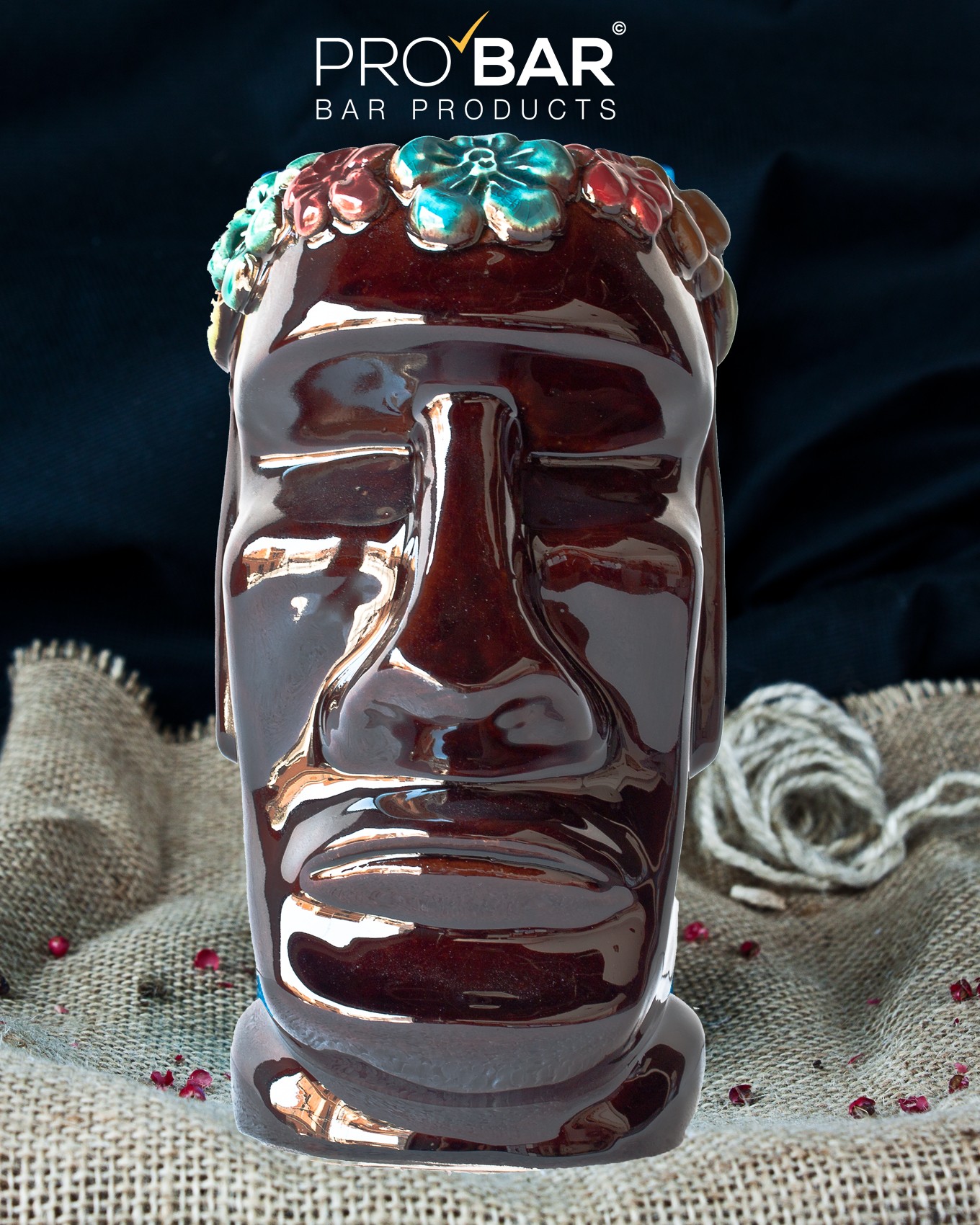 Vaso tiki Moai Flowers 40 cl, cerámica pintada a mano