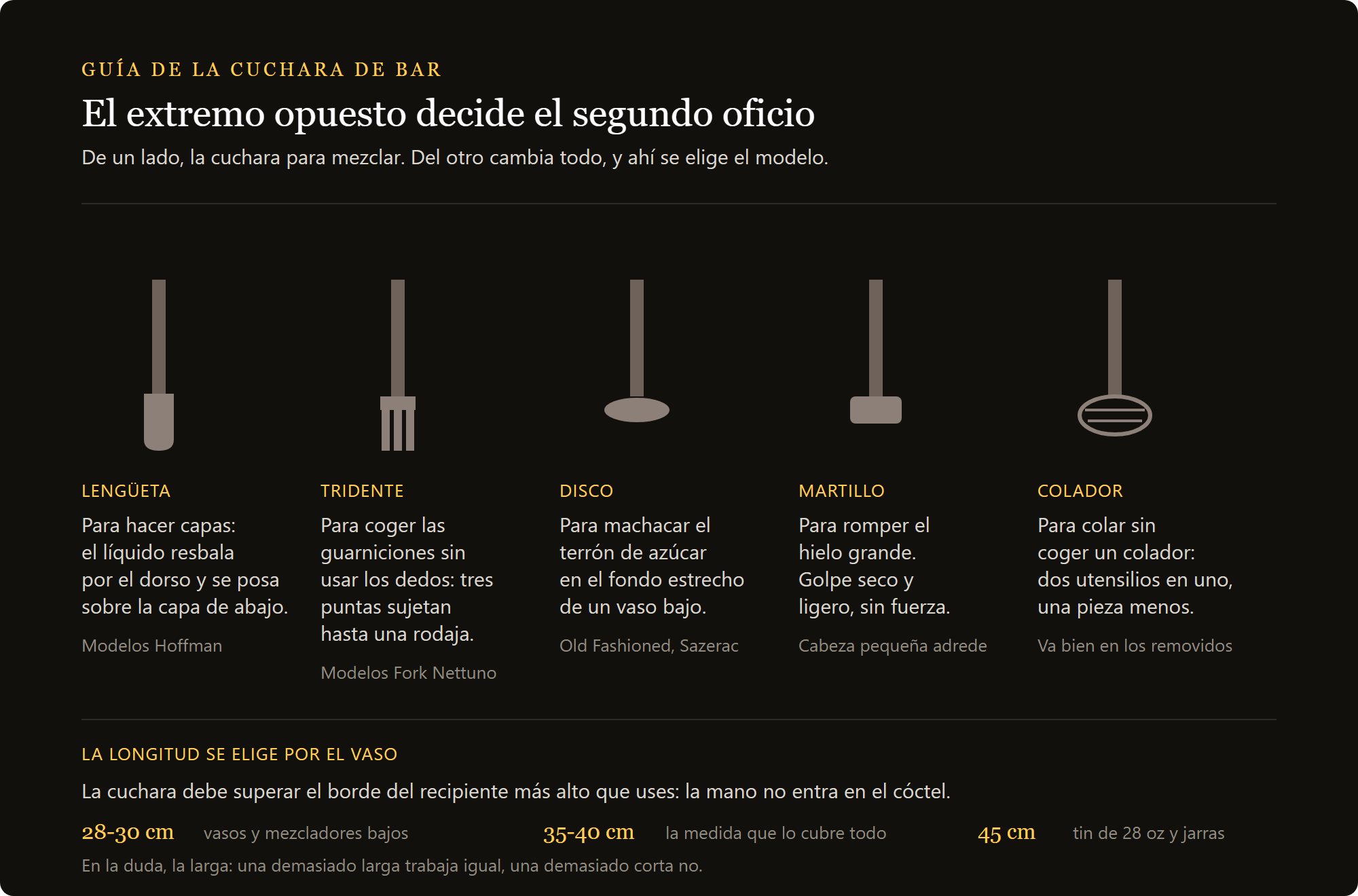cuchara de bar Hoffman: los cinco extremos de la cuchara de bar y la regla de la longitud
