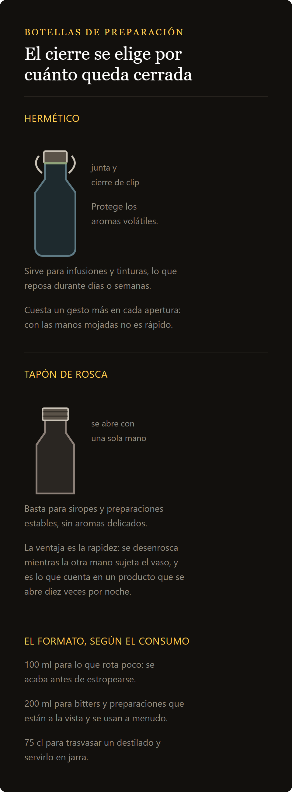 botella de whisky Opera: cierre hermético y tapón de rosca comparados, y los tres formatos