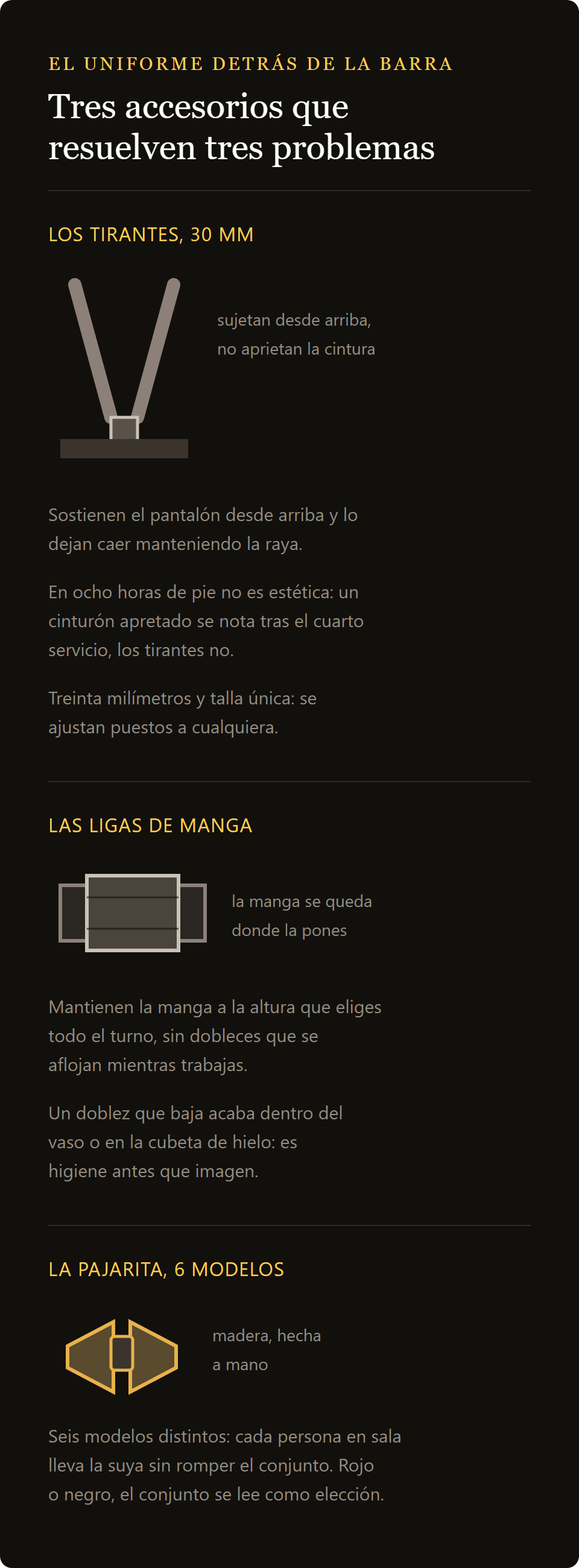 corbatín de madera: tirantes, brazaletes y corbatín de madera, y el conjunto de color