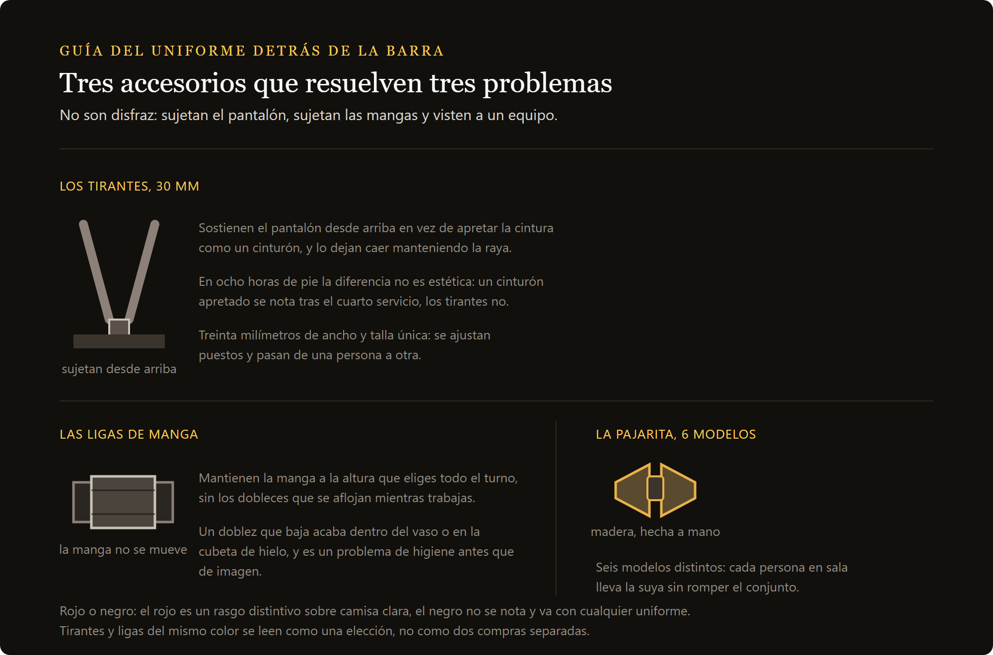 corbatín de madera: tirantes, brazaletes y corbatín de madera, y el conjunto de color