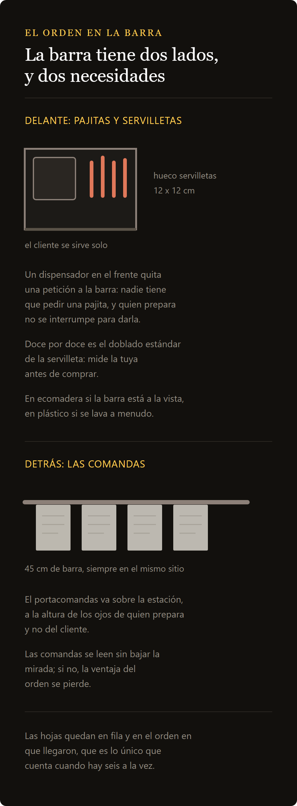 comandera de 45 cm: el dispensador en el frente de la barra y la comandera detrás