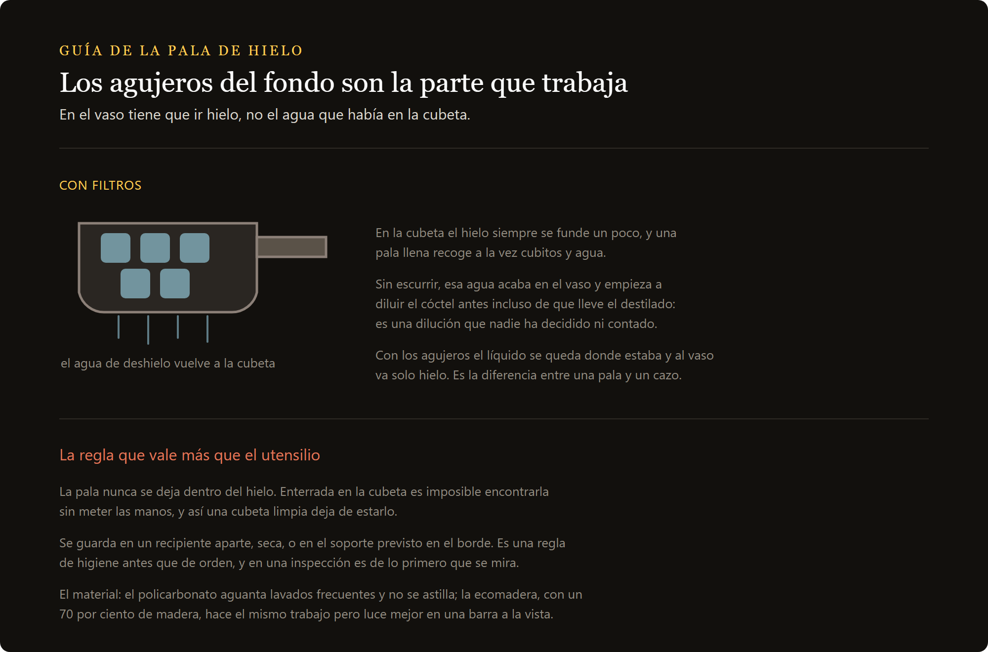 pala para hielo 10 oz: los orificios del fondo de la pala y el agua de deshielo que vuelve a la cubeta