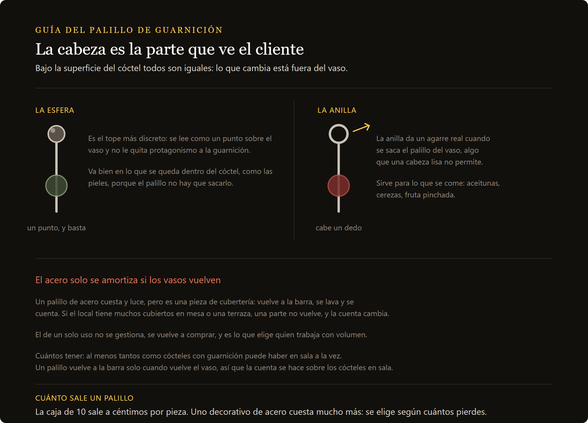 pinchos de cóctel: la cabeza de bola y la de anilla, y la cuenta entre acero y un solo uso