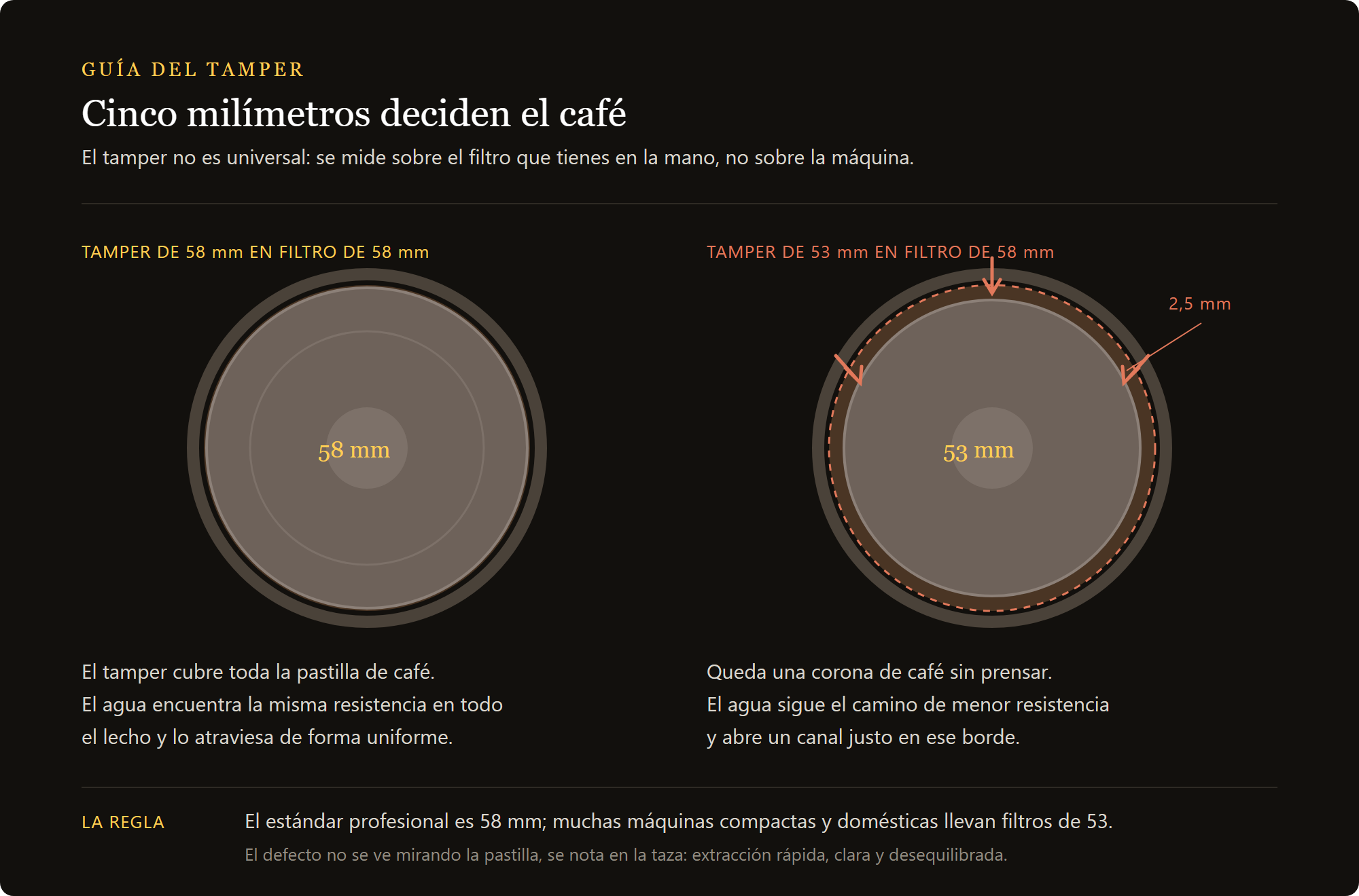 tamper de 53 mm pulido: el diámetro del tamper frente al del filtro, 53 y 58 mm comparados