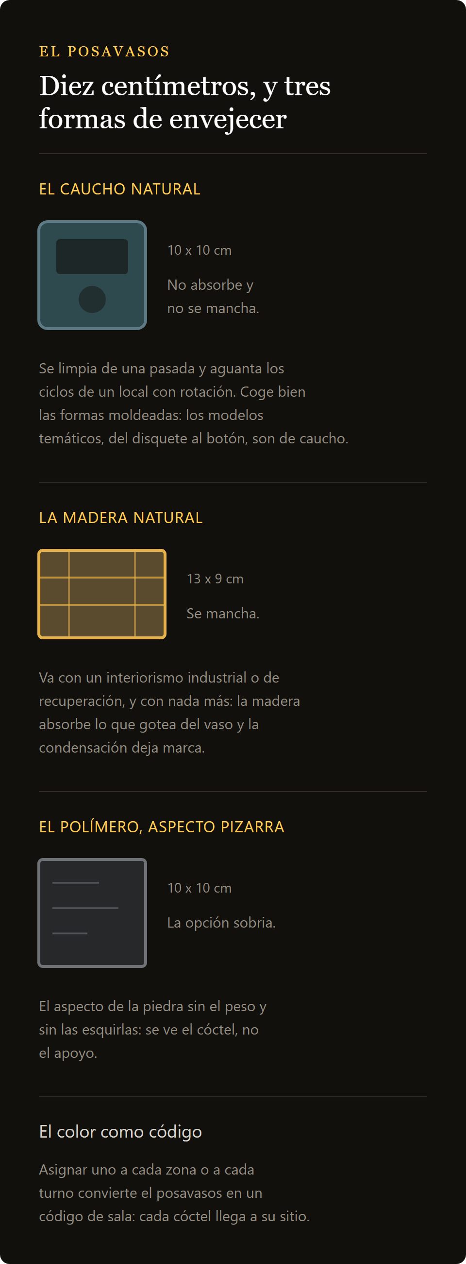 posavasos de vinilo: goma natural, madera y polímero pizarra comparados en los diez centímetros