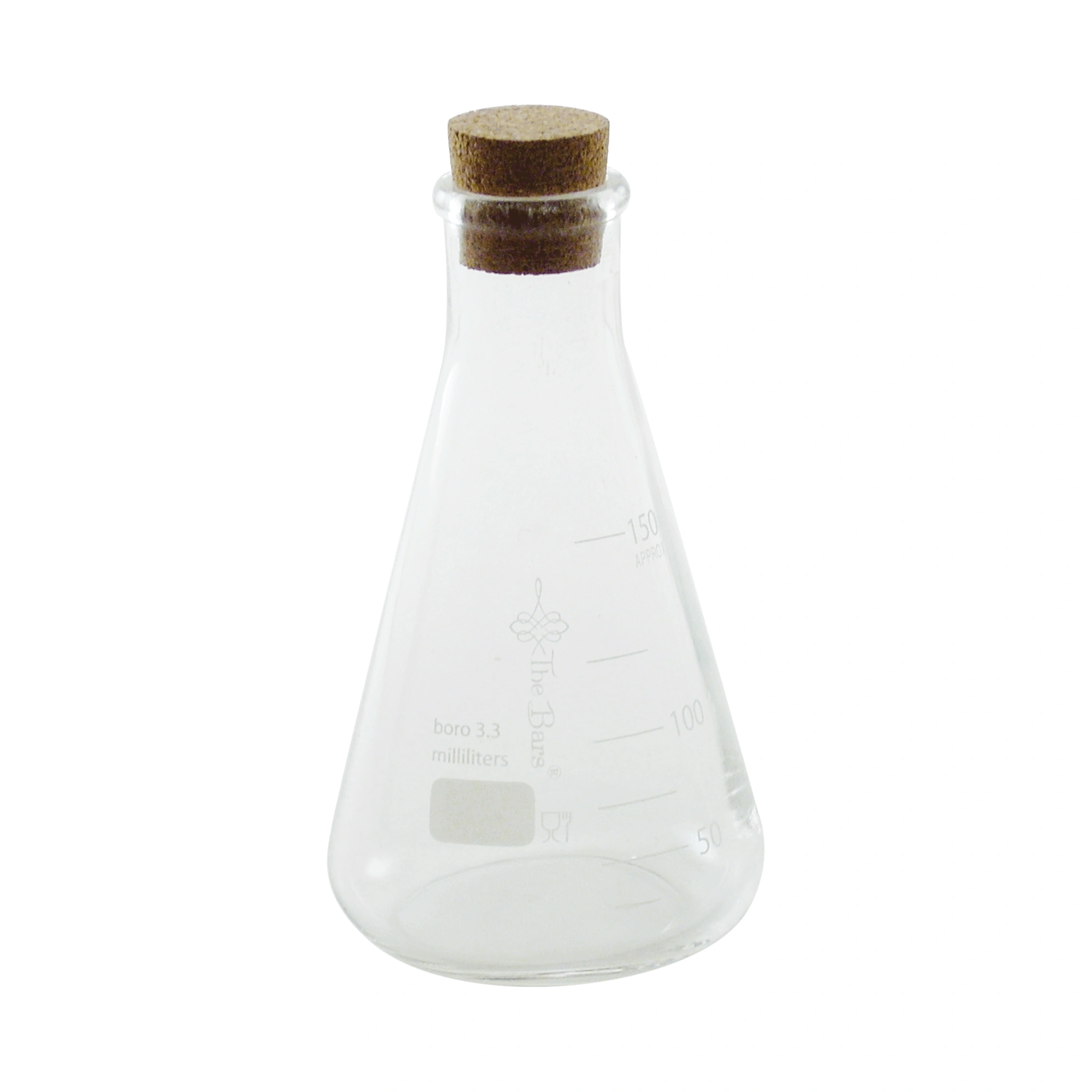 matraz Erlenmeyer 150 ml The Bars, formato pequeño de vidrio borosilicato con tapón de corcho