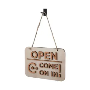 cartel abierto cerrado de madera de haya, lado OPEN con letras en relieve y cuerda natural