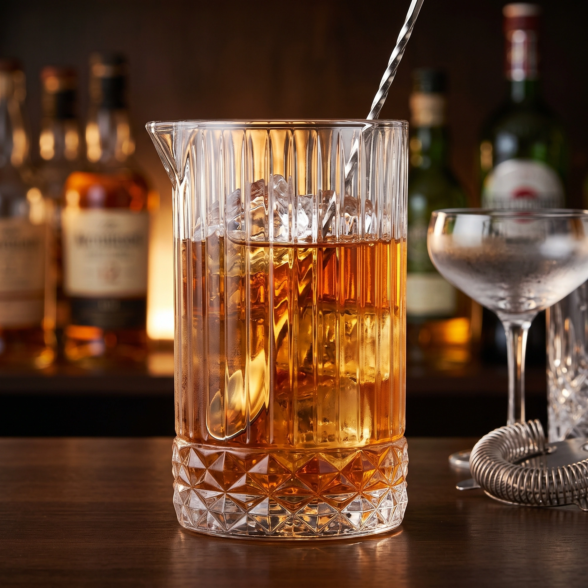 vaso mezclador de vidrio Bormioli Rocco America ’20s de 79 cl con nervaduras verticales, base de diamante y pico