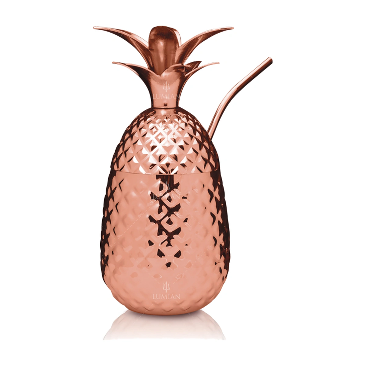 vaso piña: vaso con forma de piña Lumian de 50 cl chapado cobre, con tapa de hojas y pajita de cobre