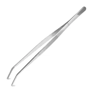 pinza curva de 30 cm en acero inoxidable con la punta doblada y acabado plata