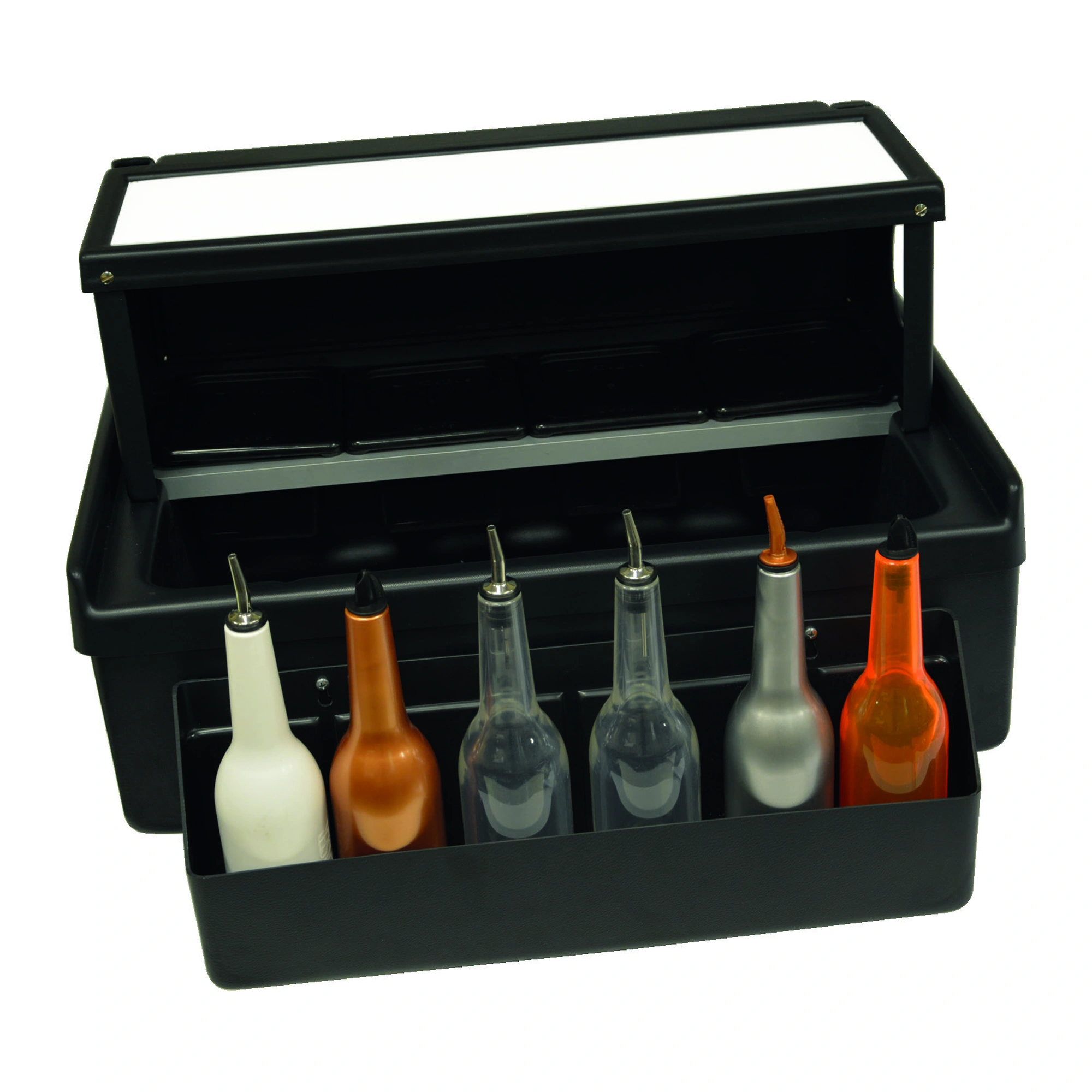estación de coctelería de sobremesa en ABS negro, 69 x 47 cm, con cubeta de hielo, recipientes para fruta y speed rack