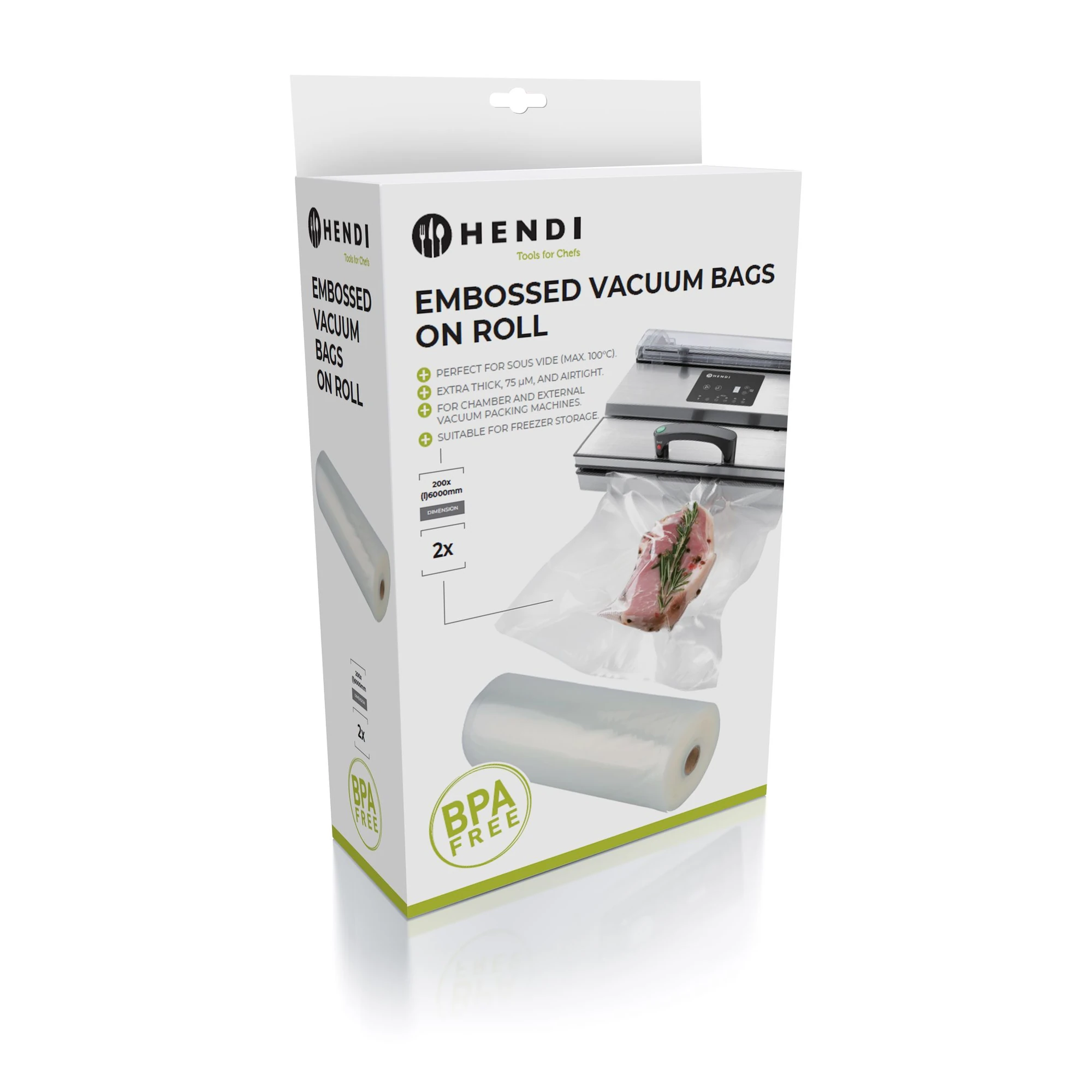 rollo de vacío 20 cm gofrado Hendi, caja de 2 rollos de 6 m
