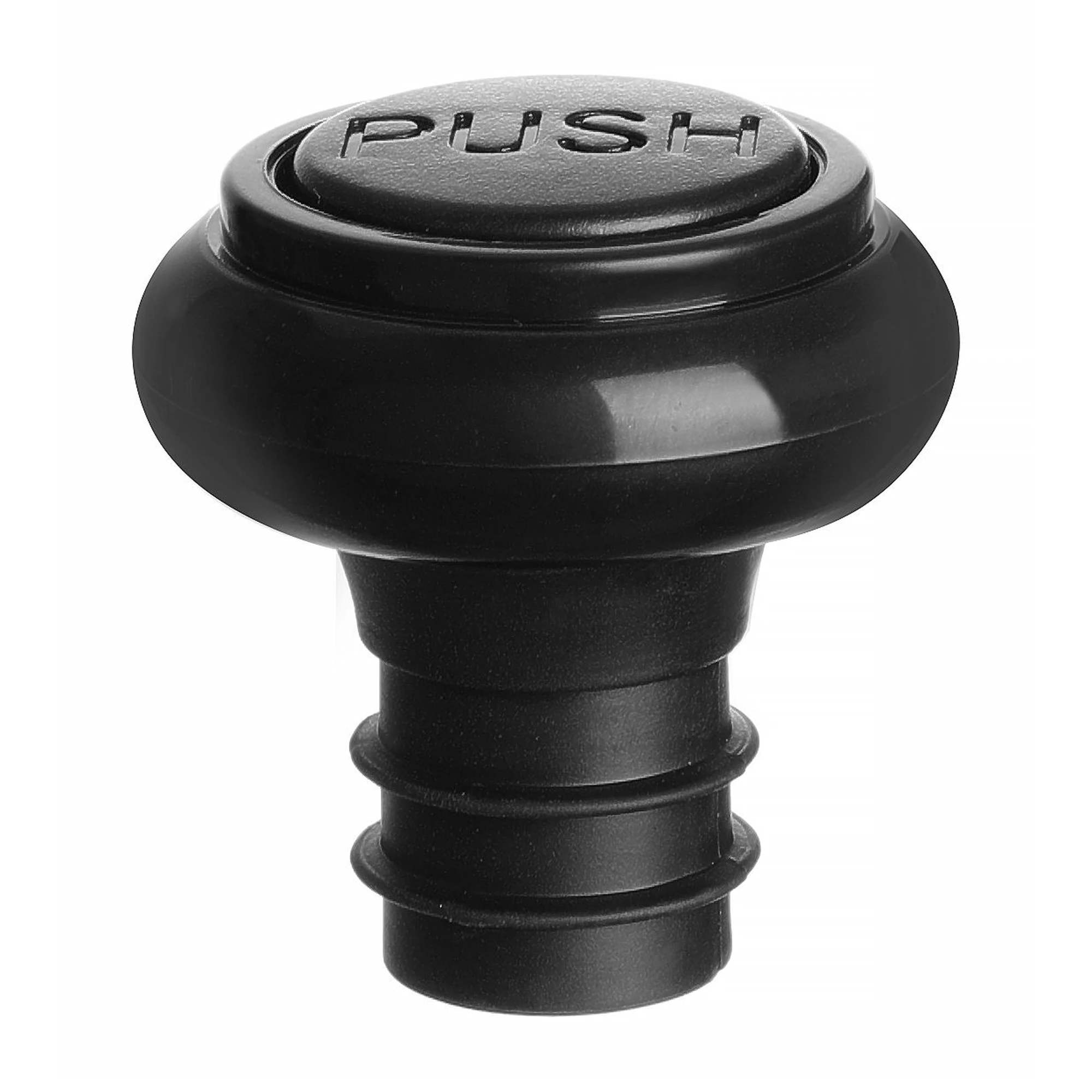 tapones de vacío para vino: el tapón con el botón PUSH y el faldón de goma que cierra el cuello