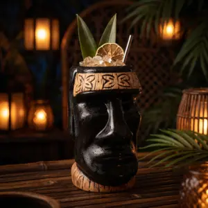 Vaso tiki Moai negro, cerámica pintada a mano