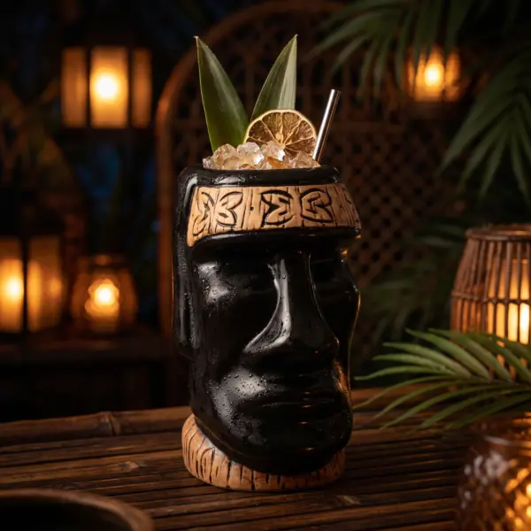 Vaso tiki Moai negro, cerámica pintada a mano