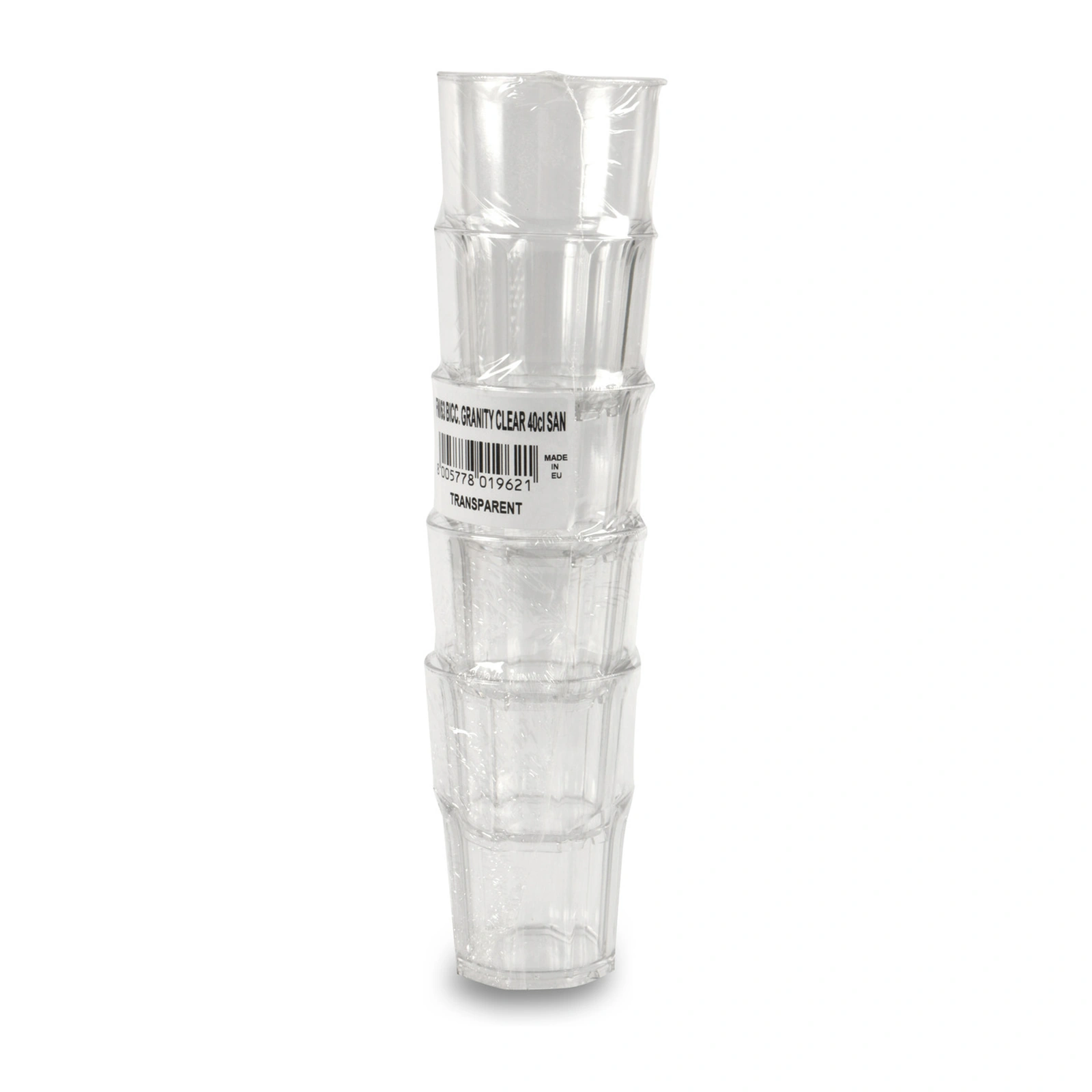 vasos irrompibles Granity Clear de 40 cl: cinco apilados en el pack precintado, con su etiqueta
