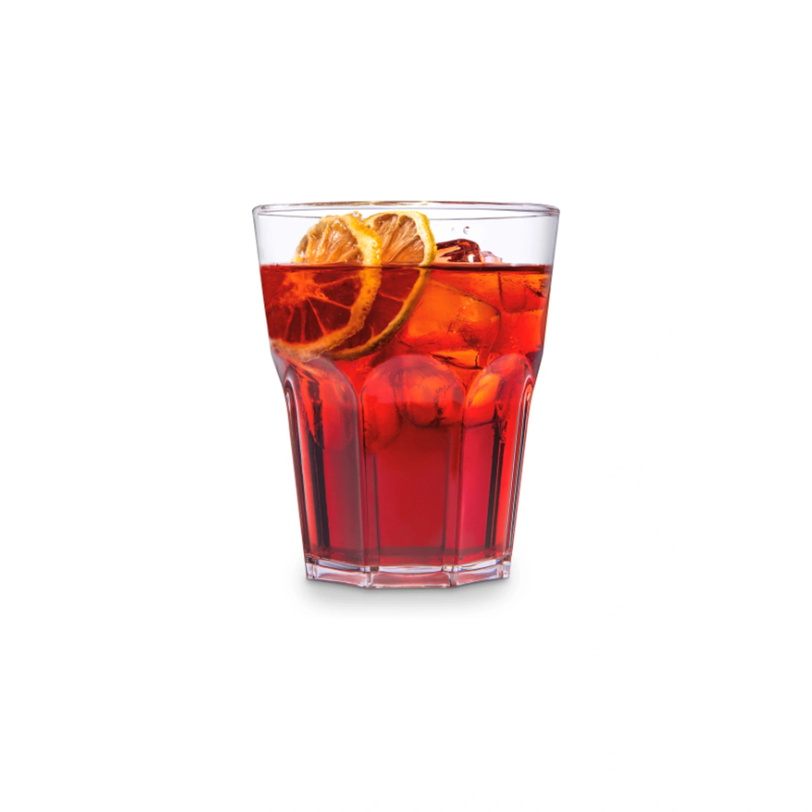 vaso reutilizable Granity Clear de 29 cl con una bebida roja, hielo y rodajas de naranja deshidratada
