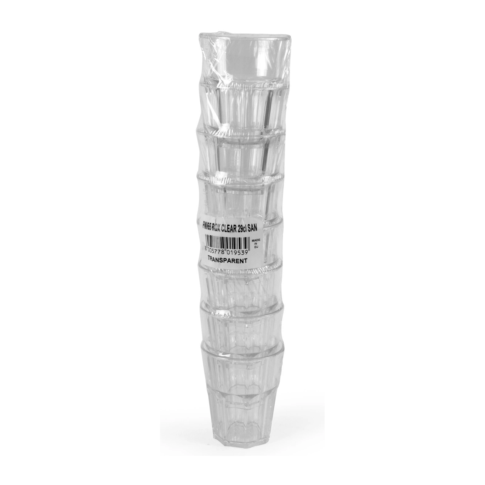vasos reutilizables Granity Clear de 29 cl: ocho apilados en el pack precintado, con su etiqueta