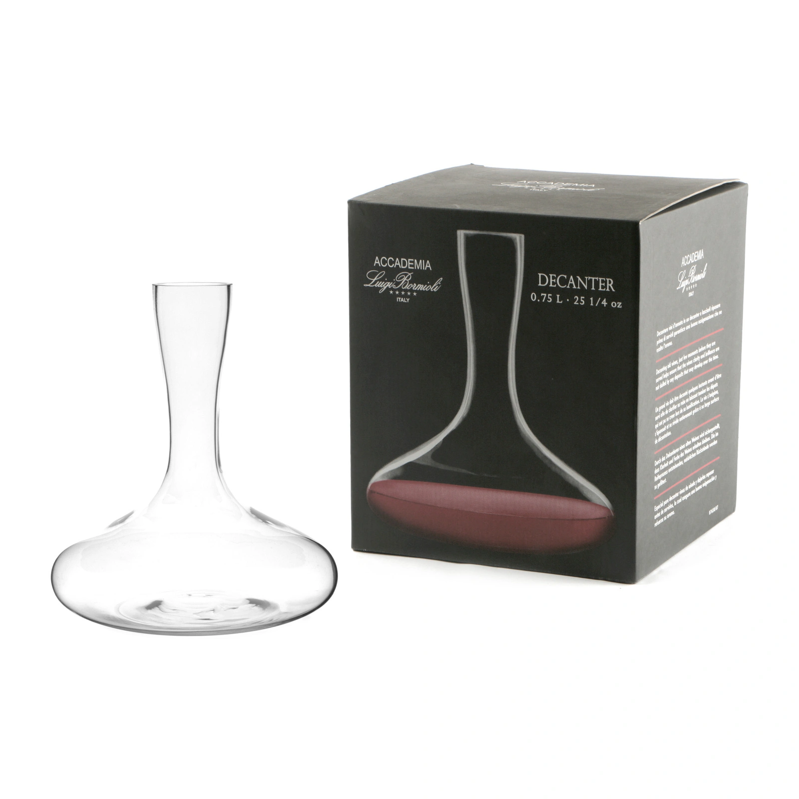 decantador de vino clásico de Luigi Bormioli de 0,75 l, 25 cm de alto, visto de perfil