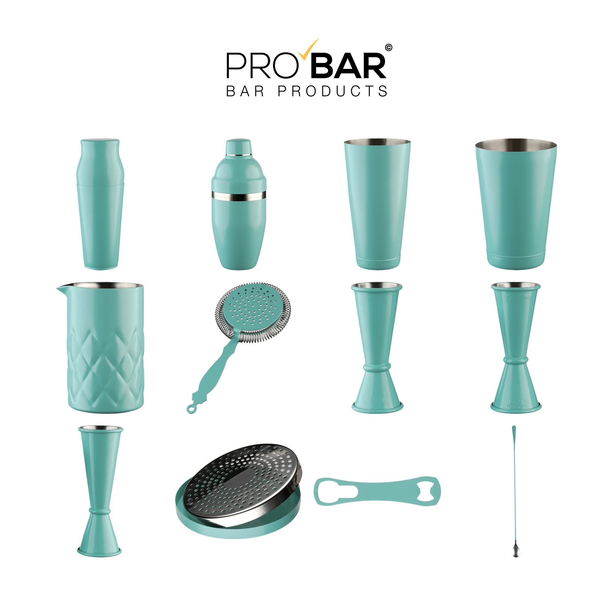 kit cocktail verde Tiffany The Bars: cocteleras, mixing tin, jiggers y cuchara de bar en cuadrícula