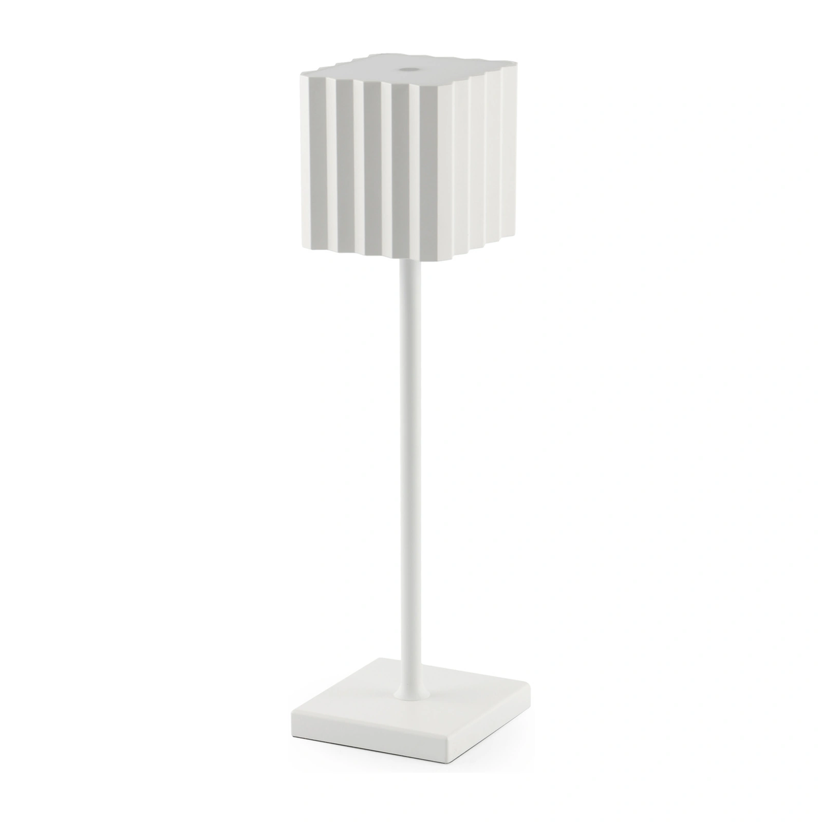lámpara de mesa sin cable: modelo Cupcake de base cuadrada en aluminio blanco, 36 cm de alto, con difusor de policarbonato