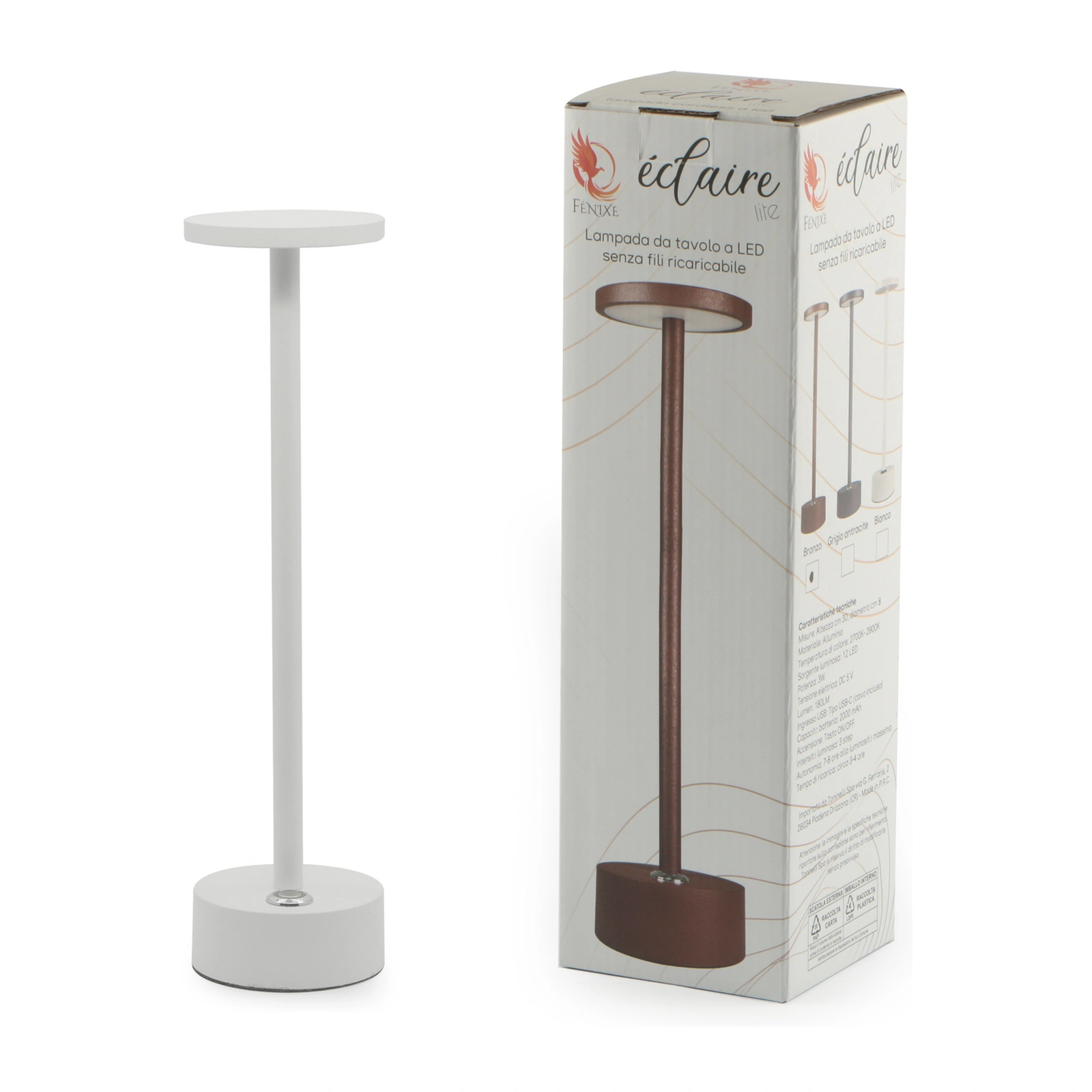 lámpara de mesa recargable Eclaire Lite blanca, LED de tres intensidades con base de 8 cm