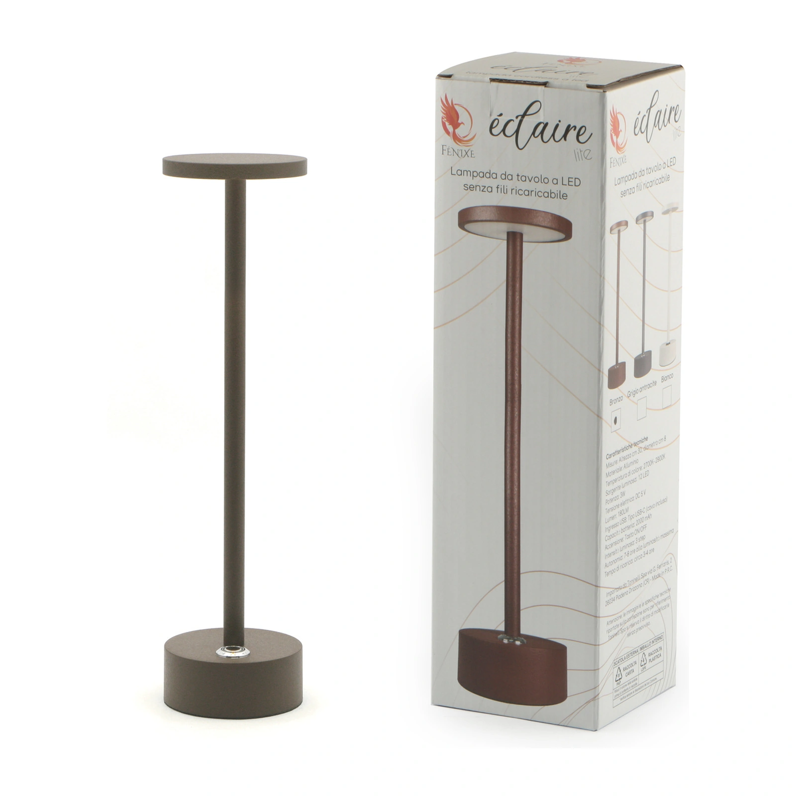 lámpara LED recargable Eclaire Lite bronce, tres intensidades desde el botón y base de 8 cm