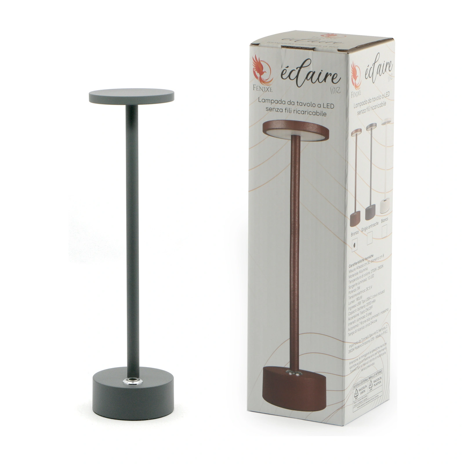 lámpara Eclaire Lite en acabado gris, LED recargable de tres intensidades con base de 8 cm