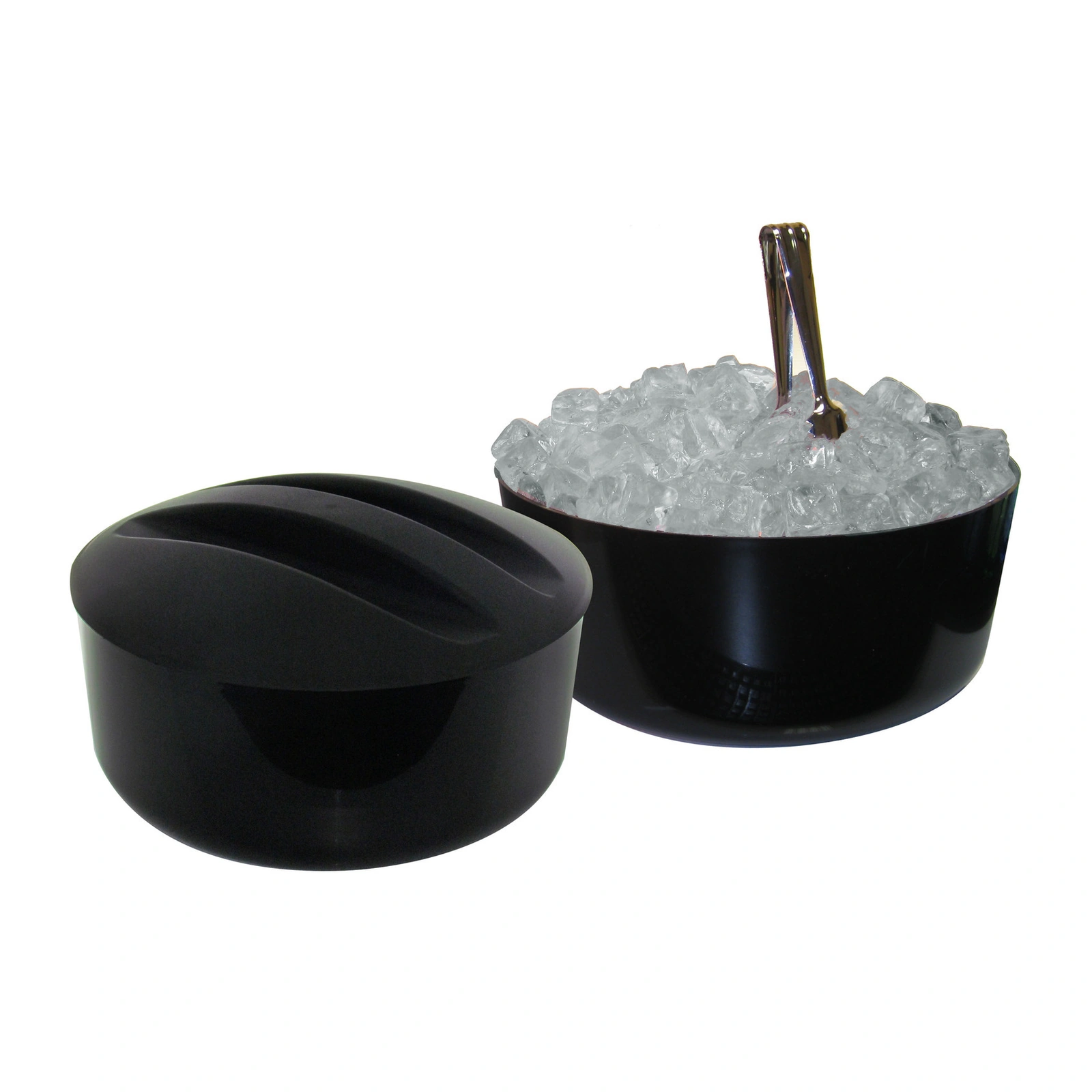 cubitera 12 litros en polipropileno negro: cerrada con su tapa y abierta, llena de hielo
