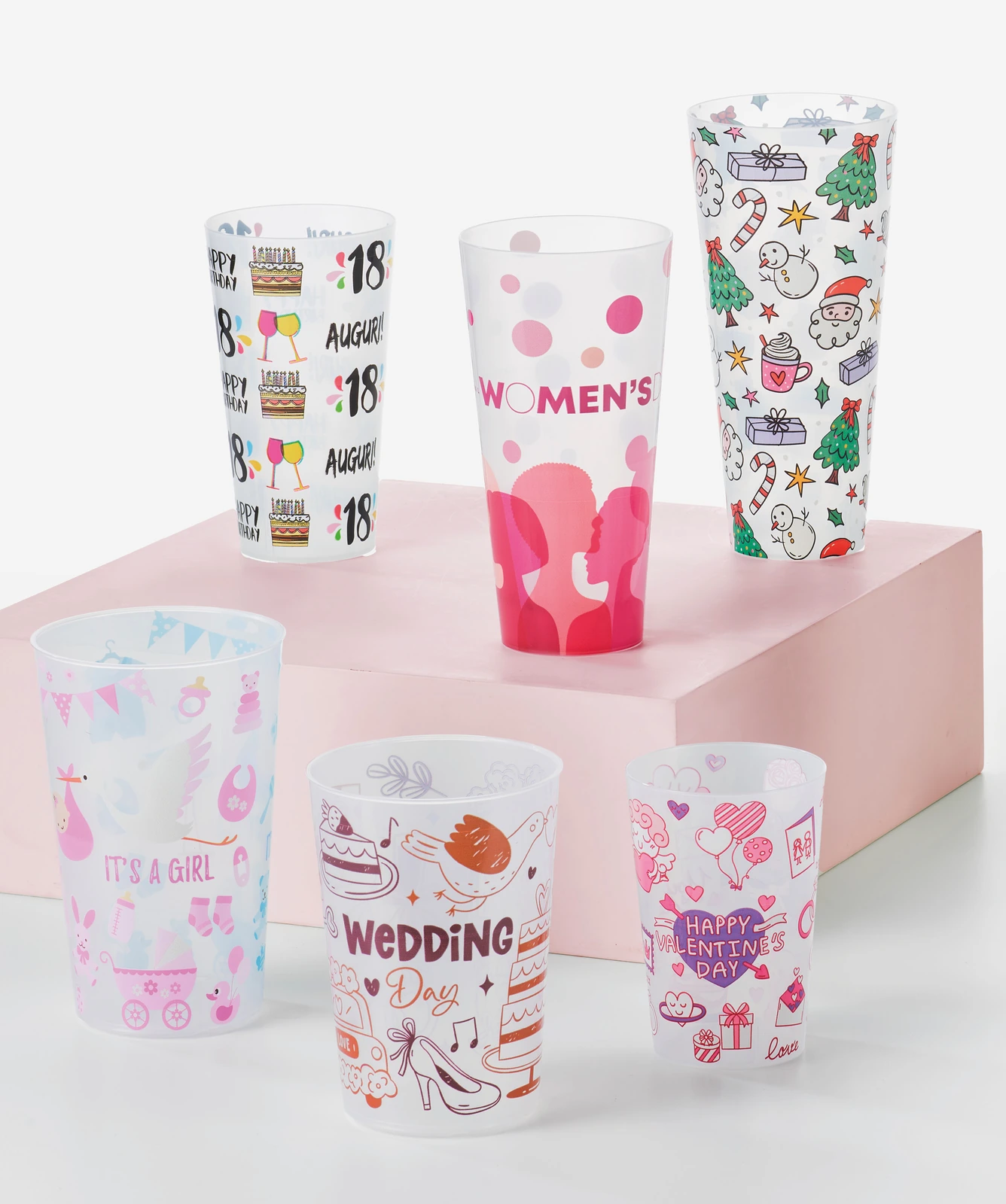 vasos de plástico personalizados: vasos cónicos de polipropileno con diseños impresos a 360 grados