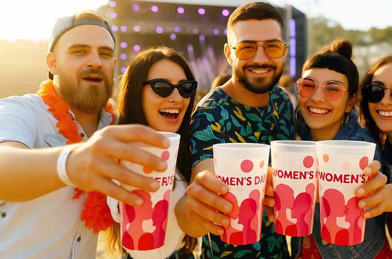 vasos de plástico personalizados en un festival: chicos brindando con los vasos cónicos impresos